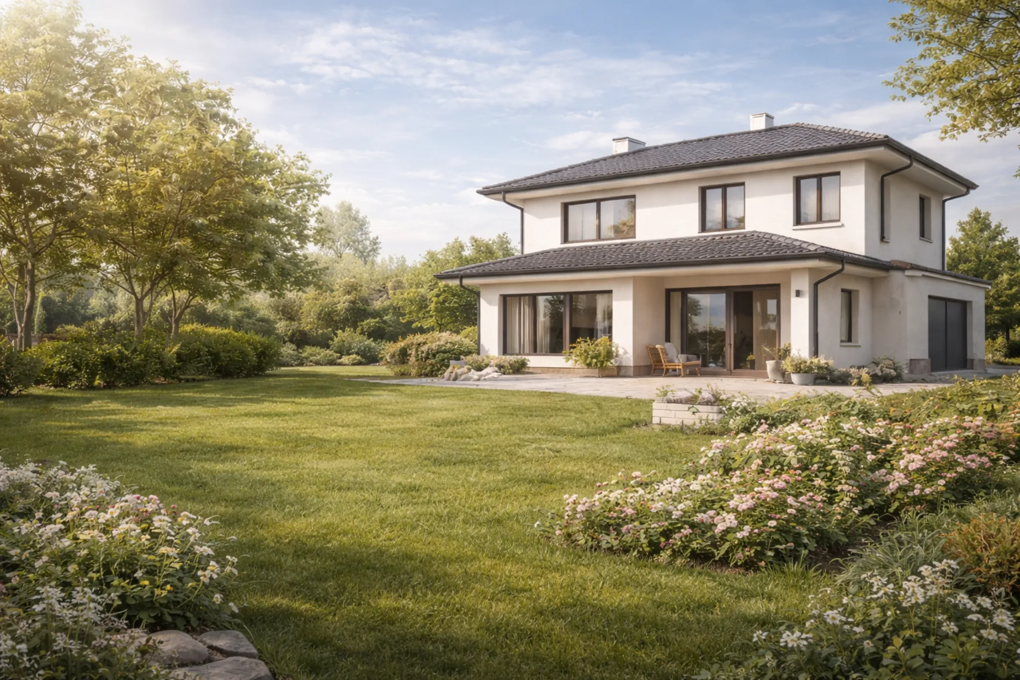 Visualisierung eines modernen Wohnhauses mit großzügigem Garten