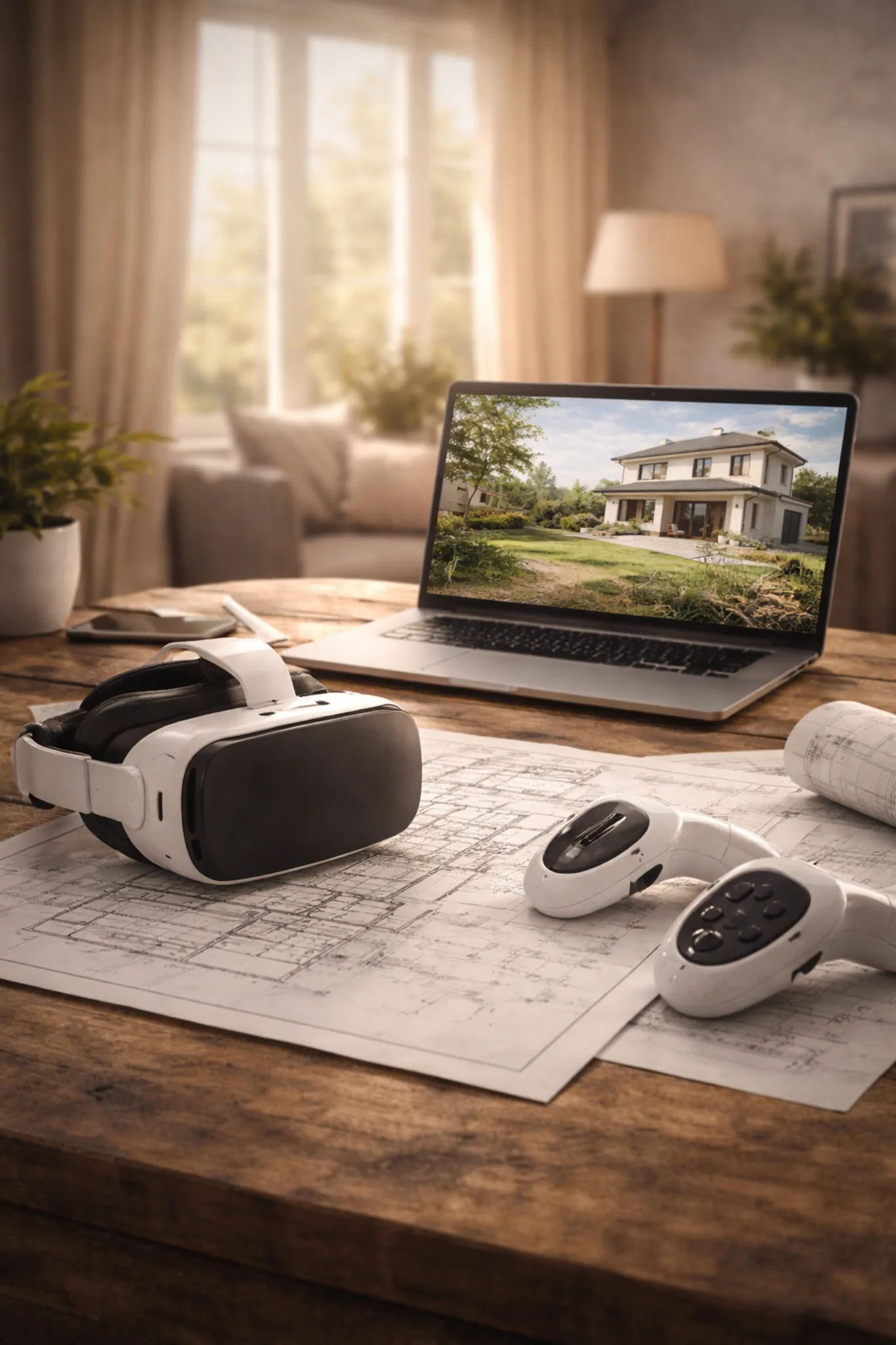 VR-Brille und Architekturplanung auf einem Schreibtisch